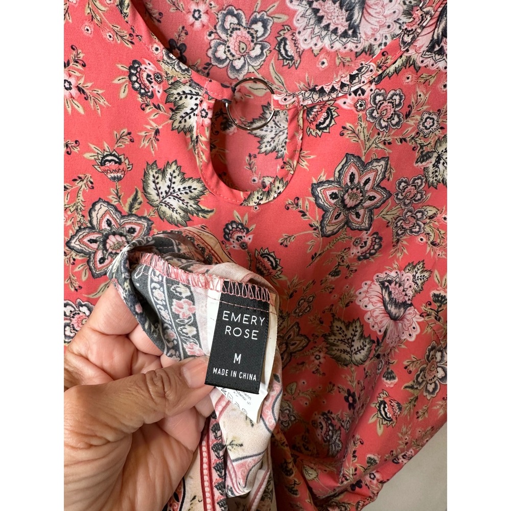Emery Rose Womens Floral Paisley Shift Dress Coral Pink Keyhole Ring Detail Med - Picture 4 of 6